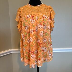 Maison D’Amelie Paris Anthropologie Cottagecore Boho Floral Orange Top Sz M